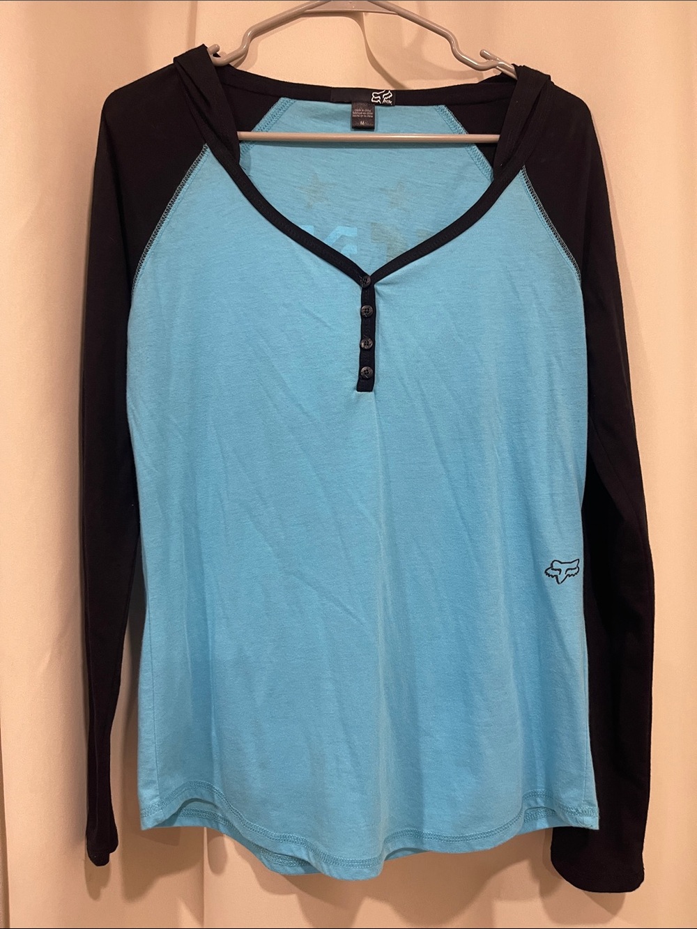 Fox Women's Aqua Blue & Black Hooded Henley Long Sleeve